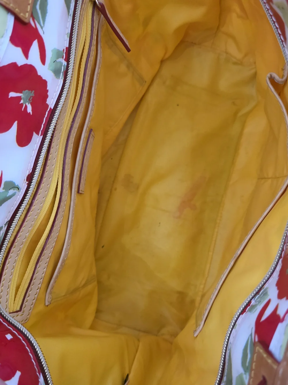 Dooney & Bourke Floral Tote Bag White Red Green Patent Leather Tan Handles